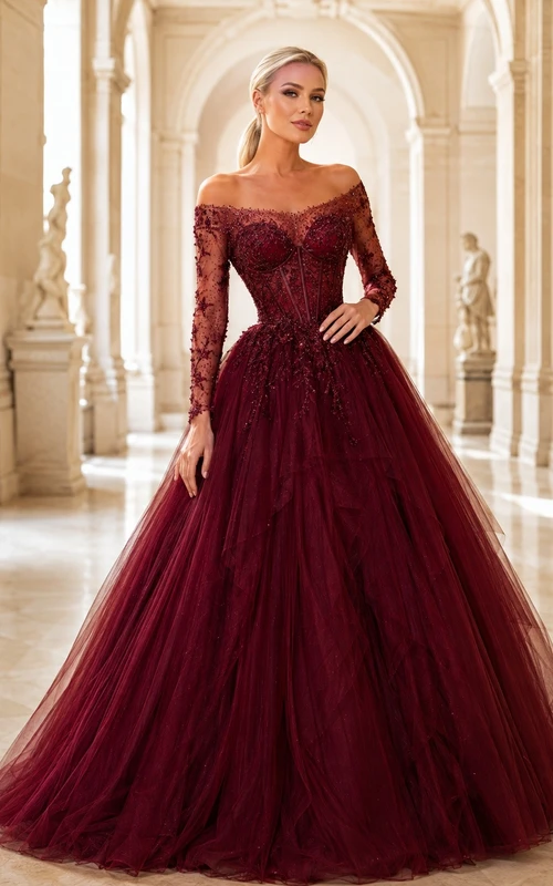 Luxury Burgundy Tulle Ball Gown Floor-Length Off-Shoulder Long Sleeve Prom Dress
