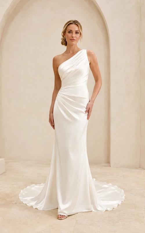 Vestido de novia sencillo de sirena con un solo hombro, drapeado y cola larga.