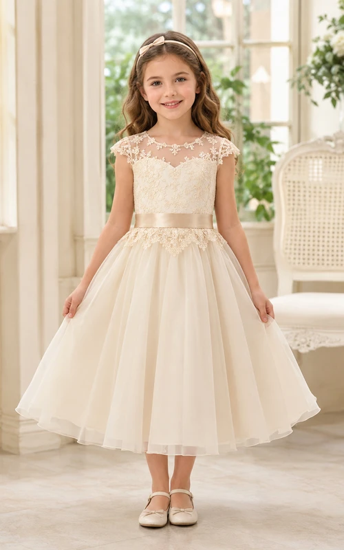 Schlichtes A-Linien-Kleid aus Tüll mit Schleife für Blumenmädchen, Rundhalsausschnitt, wadenlangem Rock und Schleifendetail