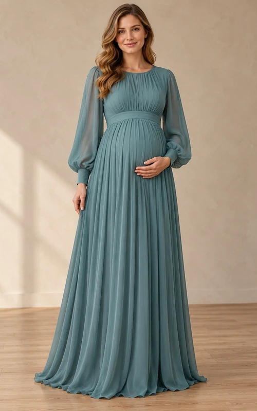 Maternity Long Sleeve Modest Spa Jewel Neck Pleated Chiffon Gown