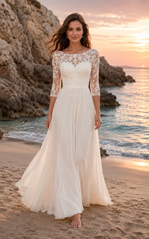 Chiffon-Hochzeitskleid in A-Linie mit Illusion-Spitzenärmeln im Küstenstil