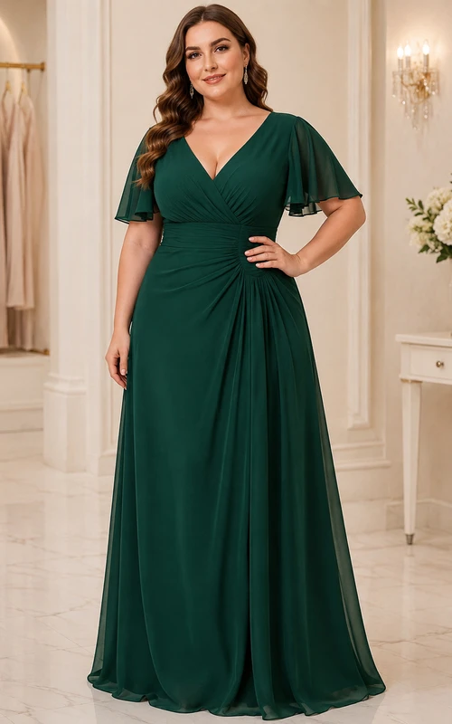 Vestido de noche formal largo hasta el suelo, de gasa, color verde oscuro, con escote en V, mangas acampanadas y corte en A, talla grande.