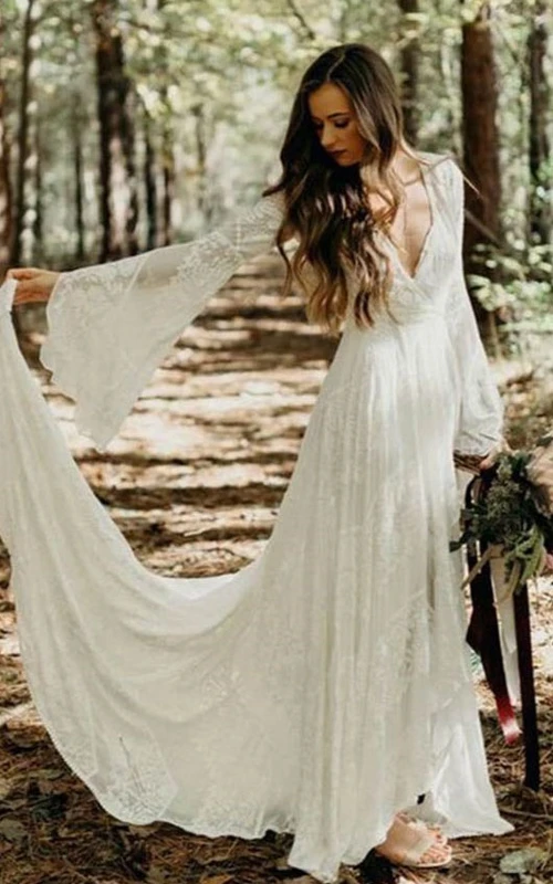 Bohemian Bell Loneg-sleeve Boho Wedding Dress | Vintage Lace Hippie Casual Bridal Gown with Sleeeves