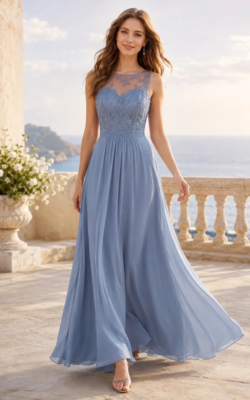 Steel Blue Lace Chiffon A-Line Formal Dress