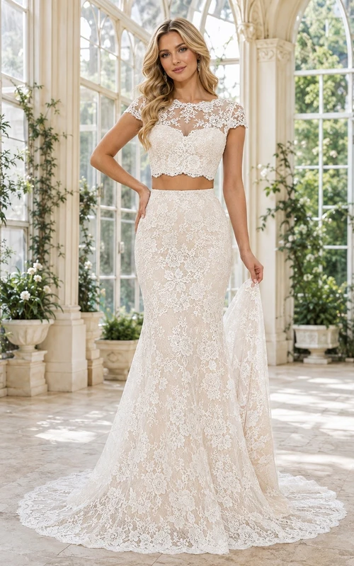 Boho Square Neck A-line Lace Sweep Train Wedding Dress Formal