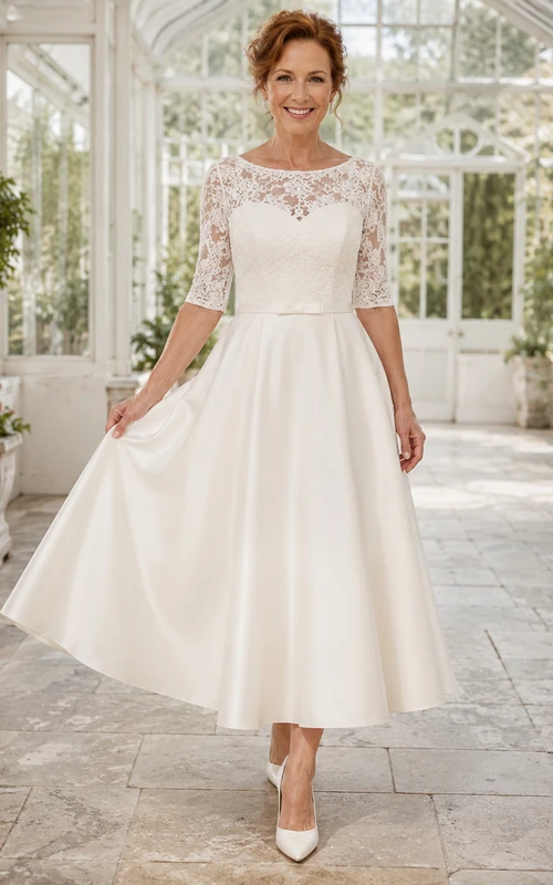 Vintage Brautkleid aus Satin, A-Linie, eckiger Ausschnitt, ärmellos, wadenlang