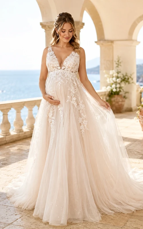Maternity Bohemian V-Neck Lace A-Line Chapel Train Destination Wedding Dress