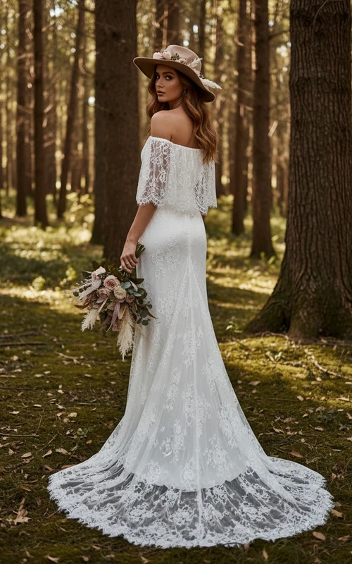 Vestido de novia de encaje estilo sirena con hombros descubiertos, cola larga y mangas con volantes.