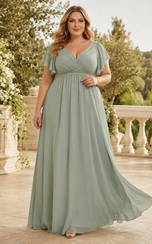 Plus Size Sage Flutter Sleeve V Neck Floor Length A Line Gown
