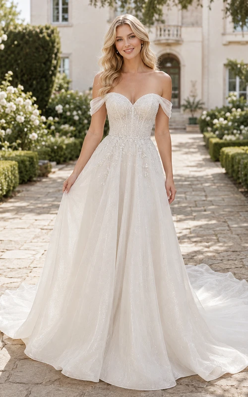 Brautkleid aus Spitze und Tüll, A-Linie, schulterfrei, kurze Ärmel, Kapellenschleppe
