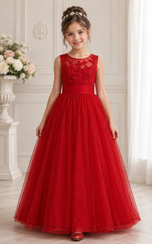 Red A-Line Lace Flower Girl Dress with Bow Sash