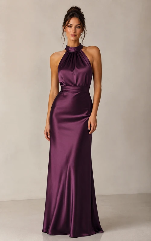 Regency Satin Halter Sheath Bridesmaid Dress