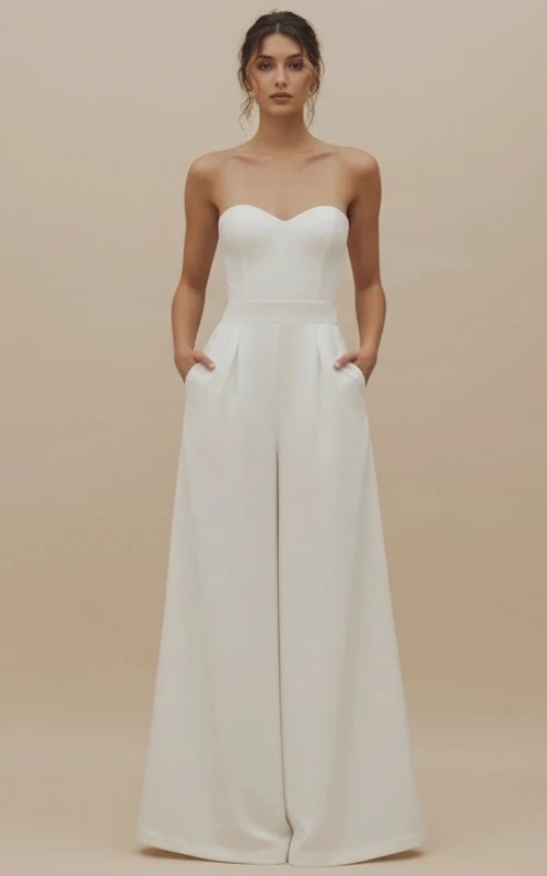 Mono de boda sin tirantes de talle alto y pierna ancha