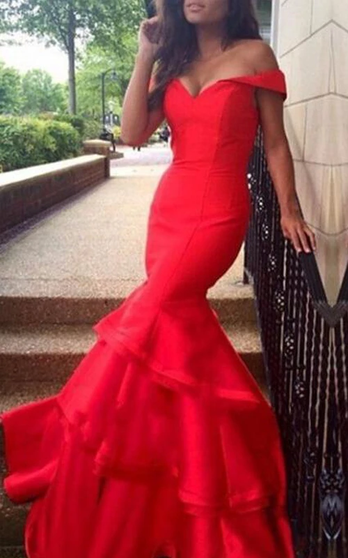 Sexy rotes Meerjungfrauen-Abendkleid mit schulterfreiem Ausschnitt und Rüschen