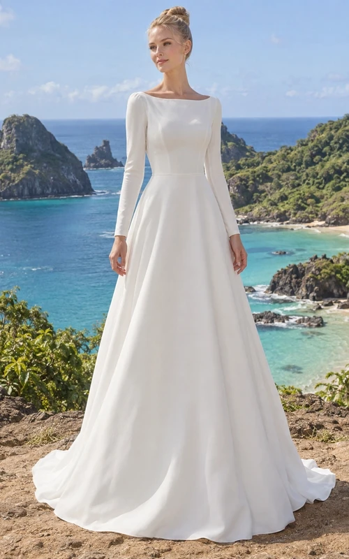 Schlichtes, langärmeliges Brautkleid aus Crêpe mit U-Boot-Ausschnitt, Oberteil und A-Linien-Schleppe