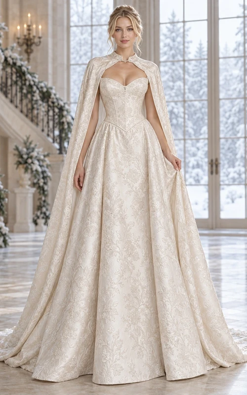 Vestido de novia de corte A con capa de brocado floral tejido y escote corazón puntiagudo en la cintura.
