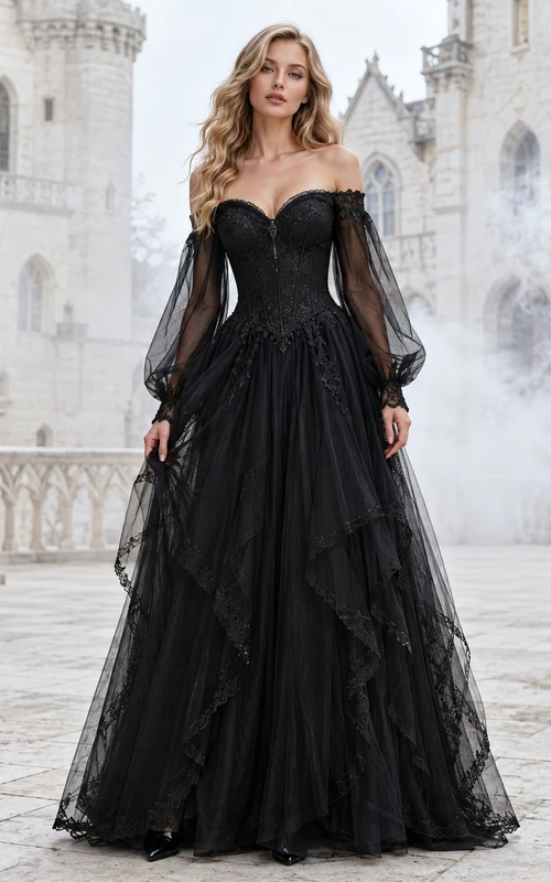 Black Off-the-shoulder Long-Sleeve Tulle Ball-Gown Floor-length Sweep Tiered Evening Gown