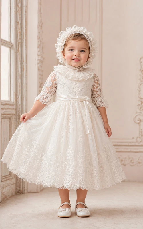 Baby Baptism Christening Ceremony Dress A-Line Tea-Length Jewel Neck Half Sleeve Tulle Lace Bow Back Button Back