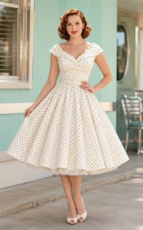 Vestido de cóctel vintage color marfil con lunares, mangas cortas, escote corazón, corte en A y largo hasta la rodilla, de satén.