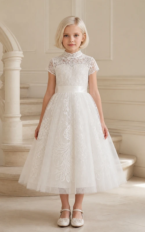 Modest Tea-length A-Line High Neck Short Sleeve Tulle Flowergirl Dress