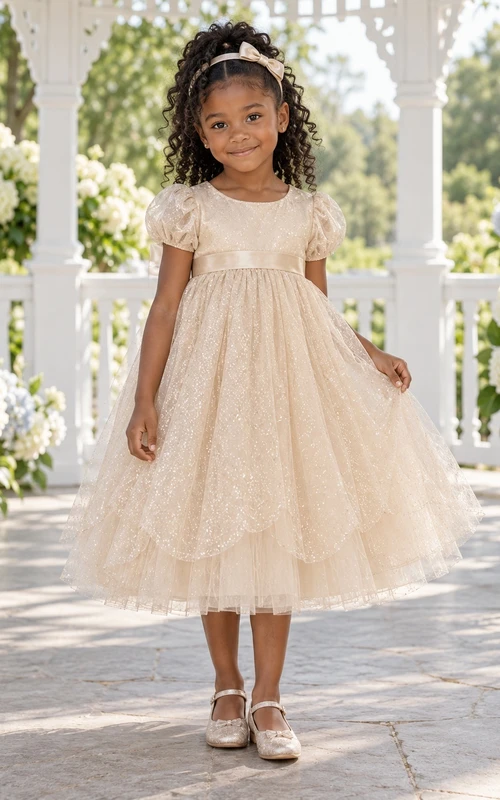 Tea-length Champagne A-line Tulle Puff-sleeve Sparkling Layered Round-Neck Flower Girl Dress