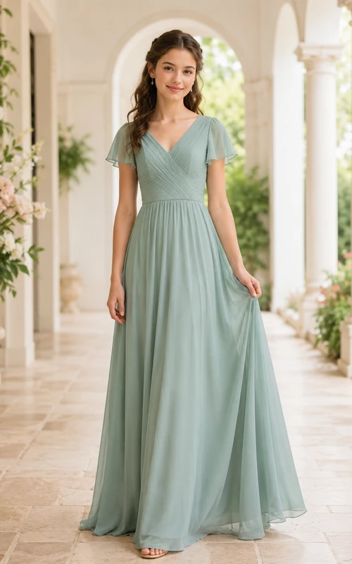 Vestido de dama de honor juvenil color celadón, corte en A, largo hasta el suelo, escote en V, manga corta, detalle de volantes, estilo romántico.