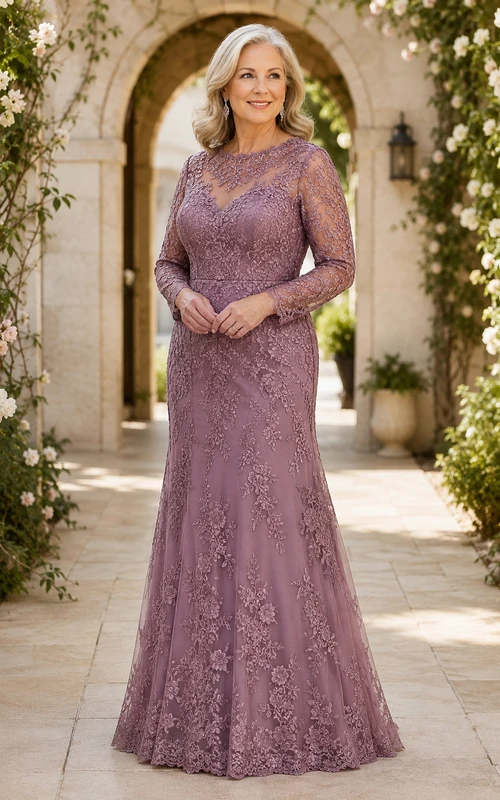 Mauvefarbenes Meerjungfrauen-Kleid mit langen Ärmeln aus Spitze