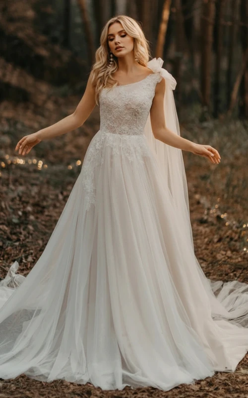 Meerjungfrauen-Hochzeitskleid aus Tüll und Spitze mit einer Schulter, Schleife