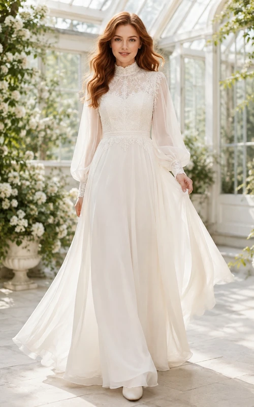 Elegantes, romantisches Brautkleid aus Chiffon mit hohem Kragen, langen Ärmeln und A-Linien-Schnitt, bodenlang, schlicht und romantisch für den Gartenstil