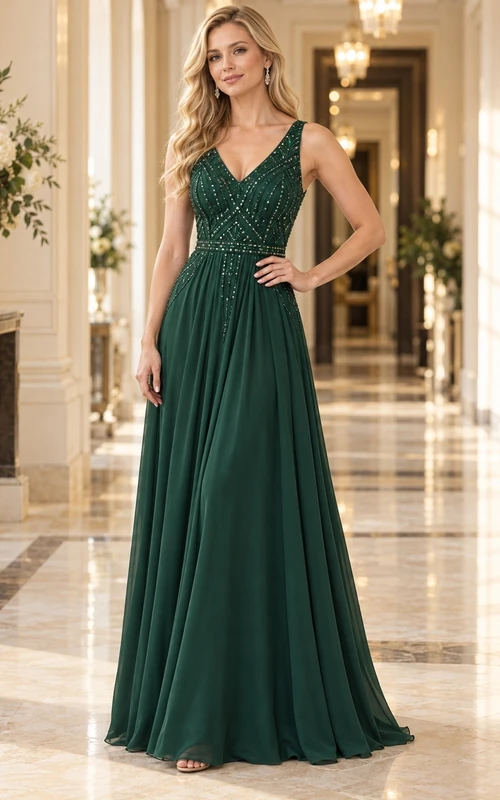 Vestido largo de dama de honor vintage verde oscuro, corte en A, escote en V, sin mangas, de gasa con bordado geométrico y cuentas.