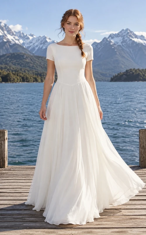 Vestido de novia de gasa de corte A con escote barco, mangas cortas y cintura puntiaguda.