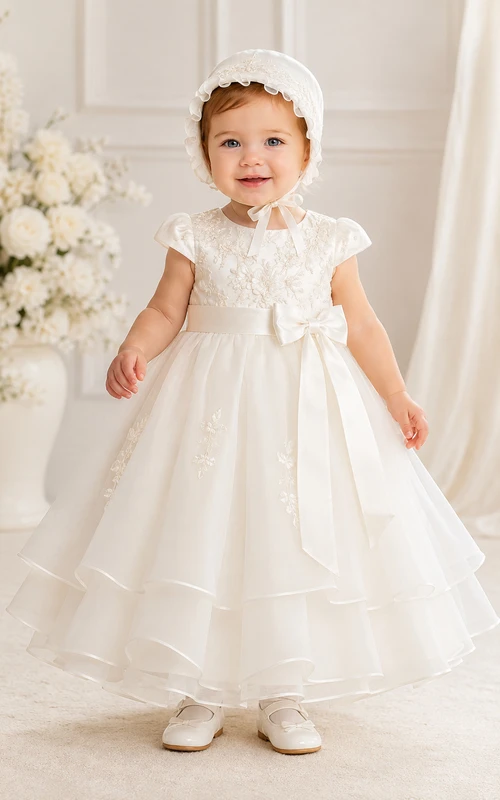 Vestido de bautizo para bebé, estilo princesa modesta, con mangas cortas, tul y encaje, largo hasta la rodilla, con gorrito, color marfil.