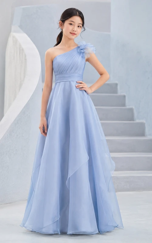 Himmelblaues Brautjungfernkleid für junge Damen, A-Linie, One-Shoulder, ärmellos, Organza, romantisch