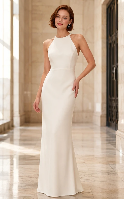 Courthouse Wedding Minimalist Halter Neck Open Back Sheath Floor Length Dress