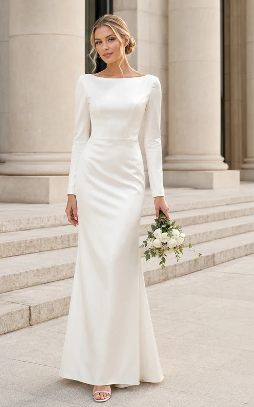Modern Long Sleeve Bateau Satin Civil Bridal Gown