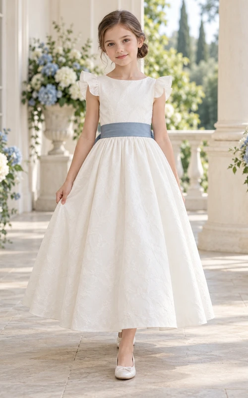 Ankle-length Simple Ivory A-line Textured Petal-sleeve Blue-sash Bow-back Flower Girl Dress