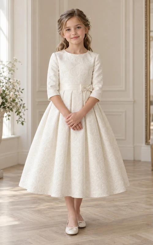 Tea-length Vintage Ivory A-line Floral Textured Three-quarter-sleeve Pleated Flower Girl Dress
