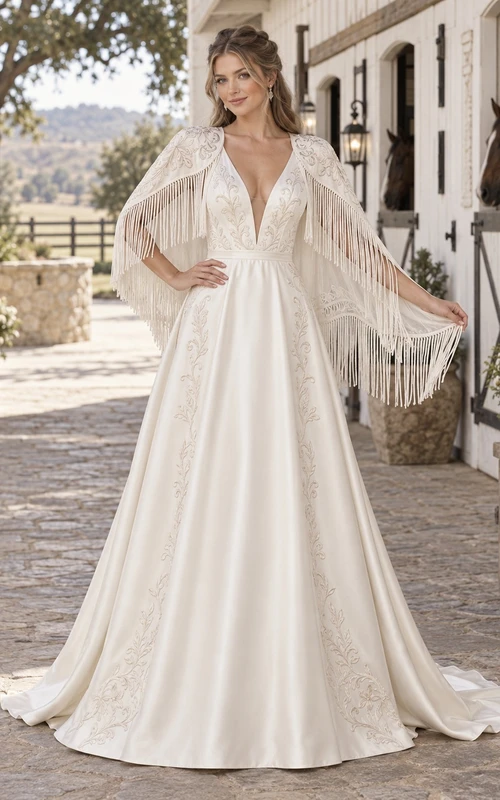 Vestido de novia de satén estilo bohemio campestre con escote en V y corte en A, bordes de hojas bordadas y capa con flecos.