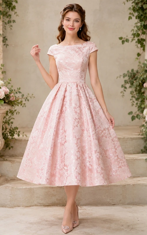 Pink Textured Short-Sleeve Square-Neck A-Line Tea-Length Vintage Dress