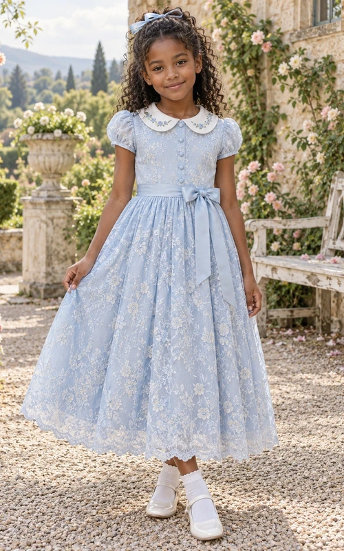 Vestido de niña de flores vintage azul con estampado floral, corte en A, encaje, mangas abullonadas, largo hasta los tobillos y cuello Peter Pan.