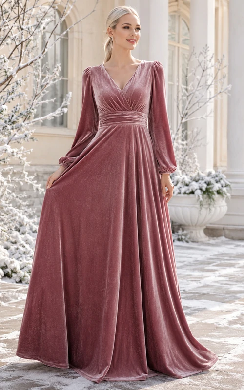 Vestido de novia vintage color malva con escote en V, manga larga y fruncido, de terciopelo y corte en A