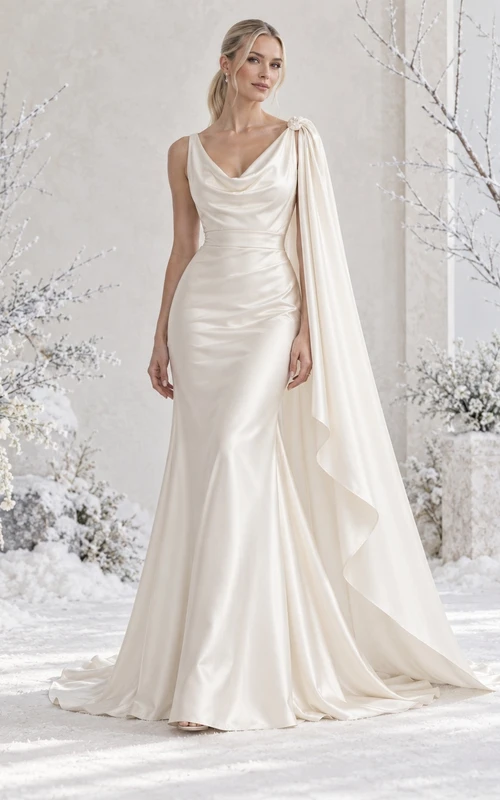 Mermaid Simple Winter Cowl Neck Sleeveless Draped Satin Cape Wedding Dress