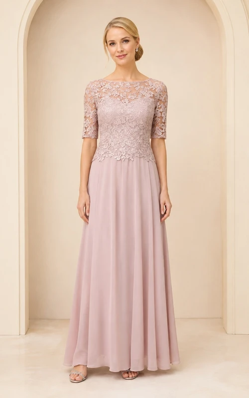 Abendkleid in Altrosa mit Dreiviertelärmeln, A-Linie und bodenlang