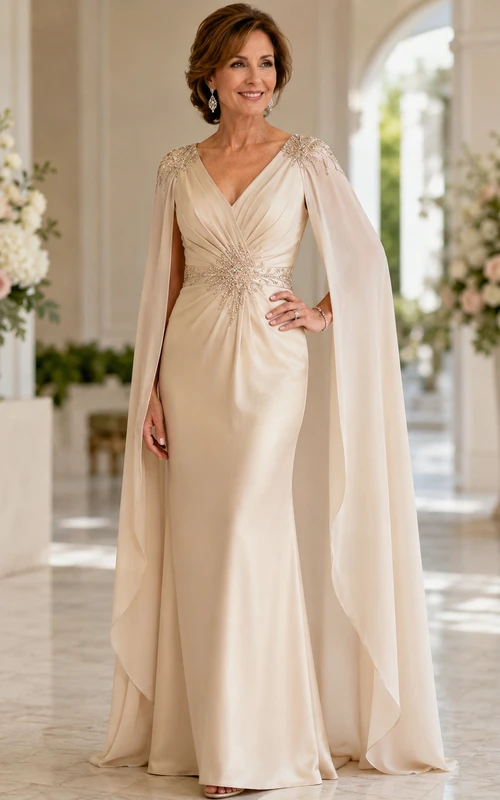 Vestido de gasa de manga larga con escote en V y capa para madres.