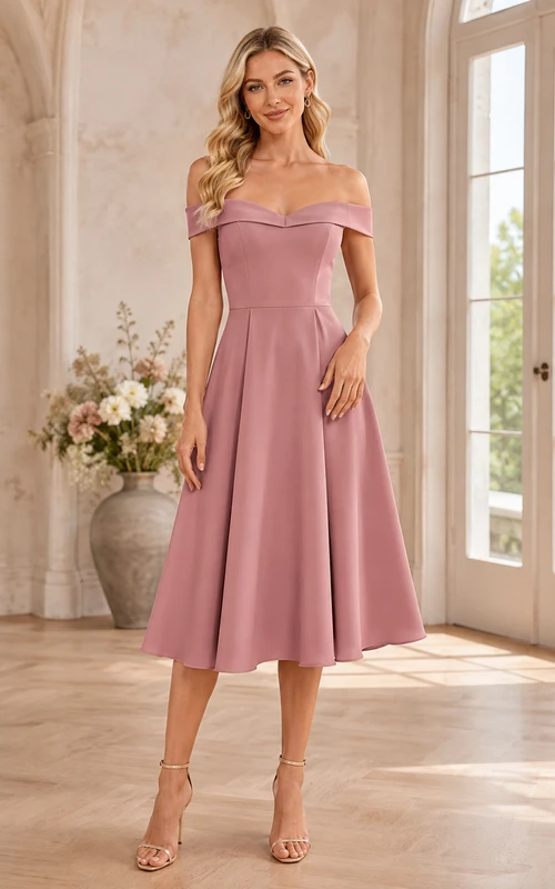 Vestido de dama de honor de satén color rosa empolvado, manga corta, escote doblado, cintura natural, corte entallado y falda acampanada, largo hasta la rodilla.