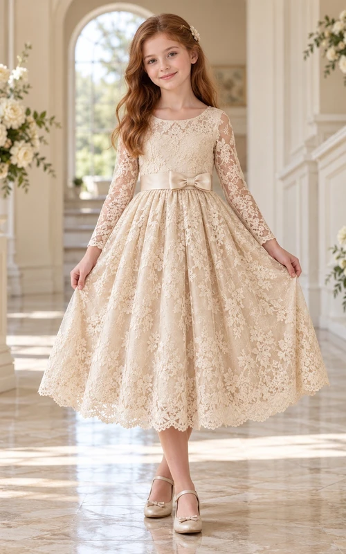 Vestido de niña de flores de manga larga, color champán, con estampado floral, corte en A, encaje y lazo festoneado en la espalda.