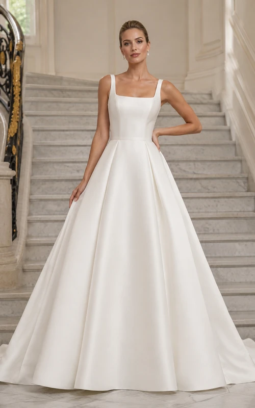 Robe de mariée minimaliste en satin à col carré et larges bretelles, décolleté en goutte d'eau