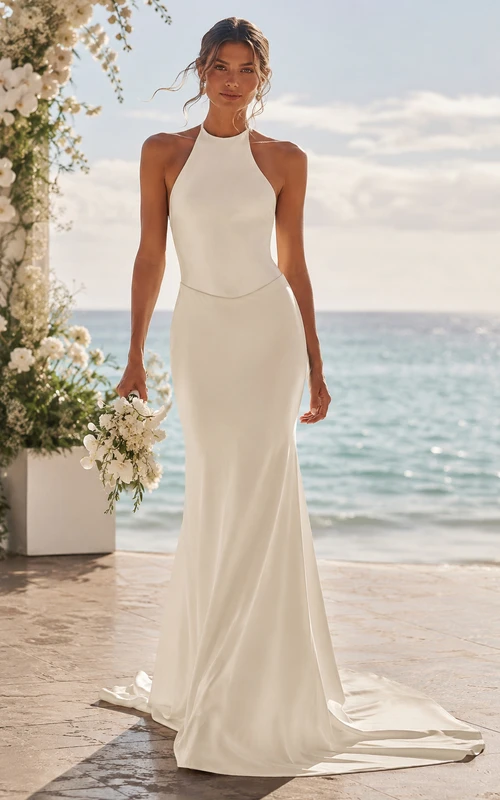 Modern Halter Sheath Wedding Dress with High Neck and Sweep Train