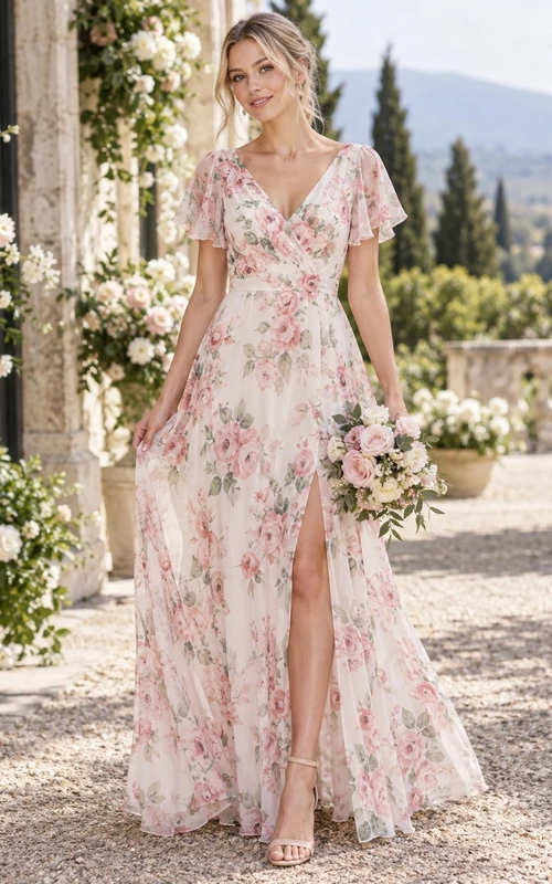 Vestido de dama de honor largo hasta el suelo, corte A, con mangas acampanadas, escote en V, abertura lateral y estampado floral rosa rubor.