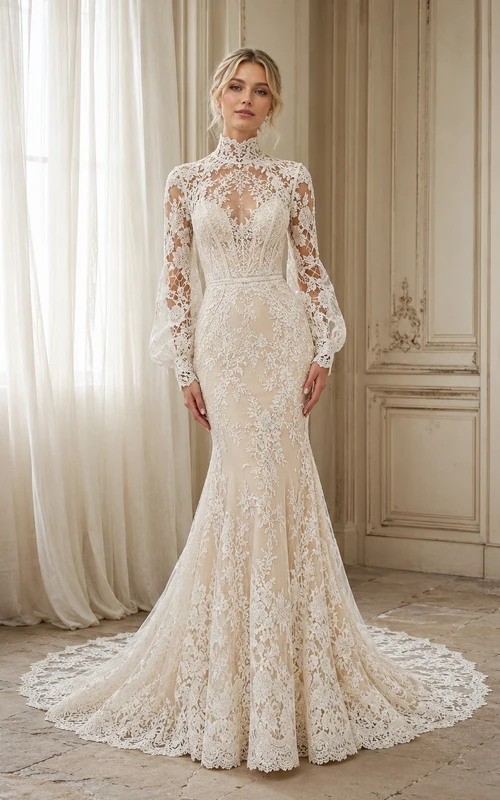 Robe de mariée sirène à encolure haute, manches longues transparentes et dentelle illusion, ornée d'appliques, idéale pour une salle de bal. Col montant, manches longues transparentes et traîne chapelle.
